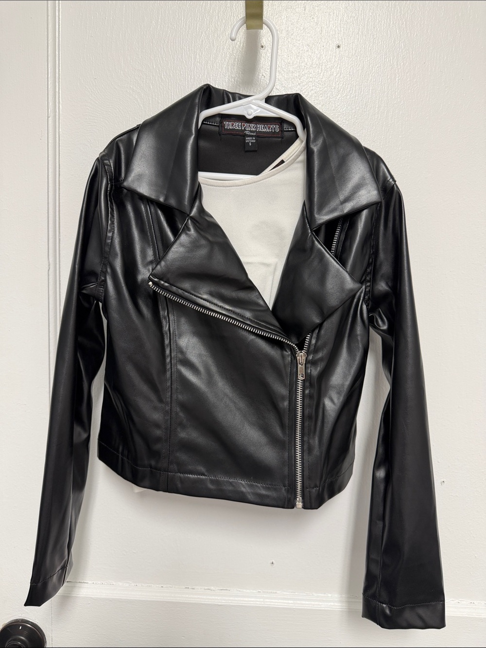 Three Hearts Black Faux Leather Asymmetric Zip Jacket